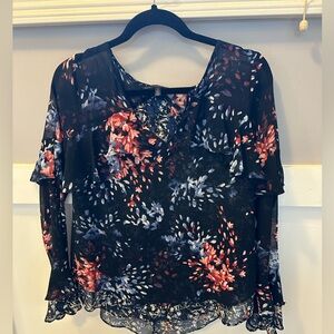 White House Black Market Black/Red Floral Blouse size 2